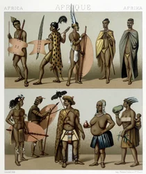 Tradycyjny strój Cafrerie (południowa część Afryki). Ilustracja w „Le costume historique” autorstwa Racinet