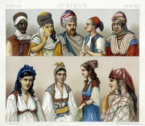 Tradycyjne stroje i nakrycia głowy mężczyzn i kobiet w Algierii. Ilustracja w „Le costume historique” Racineta