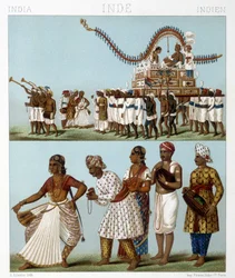 Transport, muzyka, taniec i tradycyjne stroje Indii. Ilustracja w „Le costume historique” autorstwa Racinet