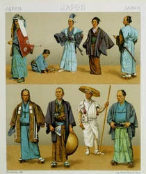 Różne tradycyjne japońskie stroje męskie, w tym kimono. Płyta chromolitograficzna - w „Le costume historique” Racinet