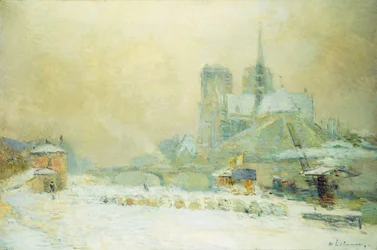 Widok Notre Dame w Paryżu z Quai de la Tournelle: Efekt śniegu; Notre Dame de Paris, Widok z Quai de la Tournelle, Efekt śniegu,