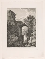 Wodospad w pobliżu mostu San Rocco w Tivoli Cascata, e Ponte di St. Rocco a Tivoli (tytuł na obiekcie) Malownicze, trawione broszury z Włoch (tytuł serii)