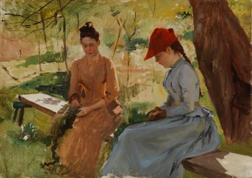Dziewczęta wiążące girlandy - siostry artysty, Annie i Berta, wiążące girlandy, studium