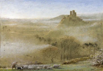 Zamek Corfe, majowy poranek, ok. 1860-c. 1932 (ołówek, akwarela, farba do ciała, długopis i atrament na papierze)