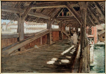 Most Tańca Umarłych (Spreuerbrucke) w Lucernie. Obraz autorstwa Alberta Goodwina (1845-1932). Olej na płótnie. Kolekcja prywatna.