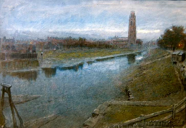 Widok na Boston, Lincolnshire (ołówek, długopis i atrament oraz akwarela na papierze)