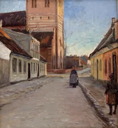 Ulica w Køge z kościołem Mikołajów po lewej