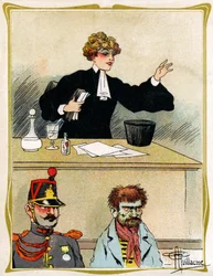 Prawnik o pięknej twarzy, błaga i broni swojego klienta, wygląda cierpliwie. Reklama, grawerowanie 1902-1903