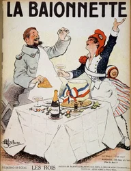 Królowie (Marianne i włochaty mężczyzna stukający się kieliszkami wokół ciasta) - w „”La Baionnette””, rysunek Alberta Guillaume (1873-1942) b.d. (XX wiek)