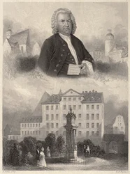 Portret Jana Sebastiana Bacha, pomnik Bacha oraz kościół i szkoła św. 1860