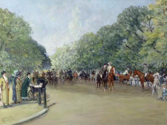 Widok na Hyde Park z postaciami na Rotten Row