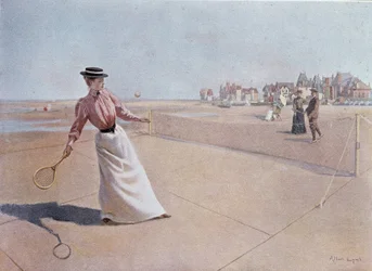 Amatorski mecz tenisowy na plaży - rysunek, XX wiek