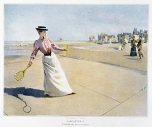 Fragment meczu tenisa ziemnego na plaży (Normandia?), ilustracja Alberta Lyncha