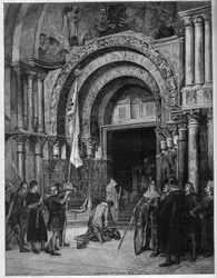Fryderyk Barberose u stóp Papieża. Cesarz Fryderyk I Hohenstaufen (1122-1190) składa pokłony przed papieżem Aleksandrem III (1105-1181), który czeka na niego pod bramą św. Marka (San Marco) w Wenecji w 1177 roku. Rycina wg obrazu Alberta Maignana (1