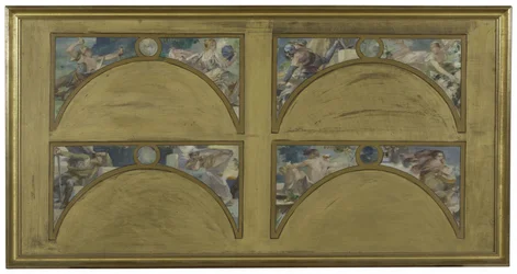 Szkic na Salon des Lettres w paryskim ratuszu: wielkie dzieła literackie (La Chanson de Roland, Le Misanthrope, Eviradnus, Mimi Pinson, Le Cid, Phèdre, Pantagruel, La Cigale), ok. 1890 (olej na płótnie z czarnym tuszem)