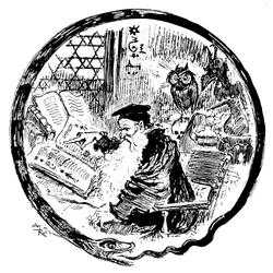 Alchemik studiujący swoje grymuary (formuły magiczne - kabalistyczne) pod okiem sowy i demona - ramę obrazu tworzy wąż gryzący własny ogon - inicjał w kształcie litery O - ilustracja Alberta Robidy (1848-1926) do rozdziału H