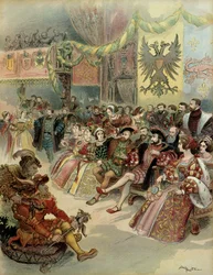 Bal na dworze króla Francji Francois I (1494-1547), w obecności Karola V (1500-1558), króla Hiszpanii i cesarza germańskiego Świętego Cesarstwa Rzymskiego, w zamku Fontainebleau, w 1539 roku. Ilustracja