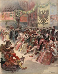 Bal na dworze, ilustracja z „Francois Ier: Le Roi Chevalier, George G. Toudouze, wyd. 1909 (kolor lito)
