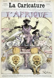 Kreskówka o kolonializmie w Afryce” Świetne rozpakowywanie afrykańskich kolonialnych nowości, dokonaj wyboru! Cały kontynent do dzielenia się, wspaniałe okazje, kawałki Konga, kawałki Gwinei” Robidy – w „La Caricature” z 05.02.1887