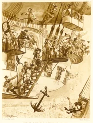 Wylot balonu transatlantyckiego, z Le Vingtieme Siecle, wyd. 1883 litografia, 1883.