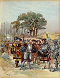 V wojna włoska (1515-1516): w obozie wycofali się z Bicocca (bicoque) przed Mediolanem (Włochy), w 1516 Szwajcarzy zażądali zapłaty, konge lub bitwy, Odet de Foix, wicehrabia de Lautrec, marszałek Francji (1485-1528) nie mógł im zapłacić. Ilustracja