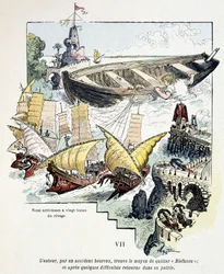 Gulliver i jego gigantyczna łódź w porcie Lilliputian – w „Podróżach Guliwera” Jonathana Swifta (1721), il. przez Robida