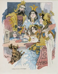 Guliwer na dworze Brobdignac - w „Podróżach Guliwera” Swifta, il. przez Robida