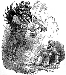 Ilustracja Alberta Robidy (1848-1926) do arabskiej legendy (1001 nocy) (Opowieści z tysiąca i jednej nocy): straszny demon (zły dżin) wręcza mężczyźnie butelkę wina. rycina książki „Choix de wykłady”” Armand Colin 1926.