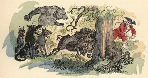 Ilustracja Alberta Robidy w „Historii i przygodach barona de Munchausena” (Munchhausen), wyd. H. Laurens, koniec XIX wieku.”