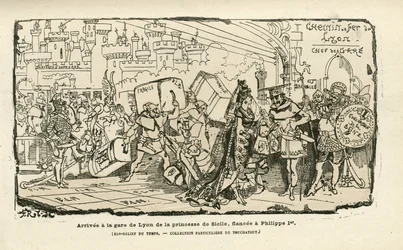 Ilustracja Alberta Robidy (1848-1926) w Histoire de France tintamarresque, ok. 1880 - Stacja, reżim Ancien, Sycylia - Philippe I