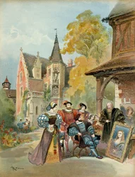 Król Franciszek I (1494-1547) kupuje Monę Lisę od Leonarda da Vinci (1452-1519), w pobliżu królewskiego zamku w Amboise, między 1516 a 1519 rokiem. Ilustracja