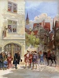 Literatura. Drukarz Robert Estienne przyjmuje króla Franciszka 1er w swojej drukarni w Paryżu. Ilustracja autorstwa A. Robida w: Francois 1er, A. Todouze, Francja