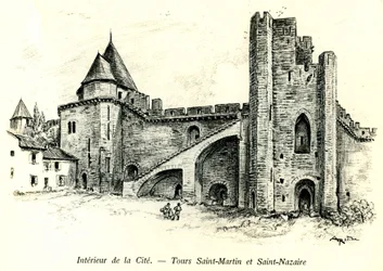 Medievale Cite de Carcassonne (Aude, Langwedocja, Pays Cathare) - Zwiedzanie Saint Martin (Saint Martin) i Saint Nazaire (Saint Nazaire) z domami zbudowanymi na wałach - romantyczna rycina Alberta Robidy (1848-1926) w książce opublikowanej na zacząć