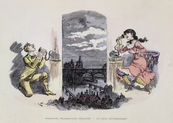 Moralność, spokój, błogość - Sąd telefoniczny, karykatura Robidy, sd. 19 wiek