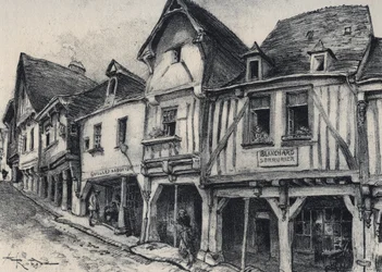 Rue Poterie a Fougeres w departamencie Ille-et-Vilaine - La vieille France - La Bretagne - tekst, rysunki i litografie, autorstwa Alberta Robidy (1848-1926)