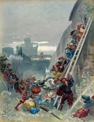 Siódma wojna włoska (1526-1529): Śmierć Karola III Burbona (1490-1527) podczas oblężenia Rzymu 6 maja 1527 r. Ilustracja