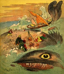 Sindbad żeglarz (Sinbad) - Opowieść o tysiącu i jednej nocy (1001) - księga z 1948 roku opowiadająca o jego przygodach (wydanie Fortin, kolekcja Cudowne obrazowanie dzieciństwa) - ilustracja Alberta Robidy (1848 - 1926): Sindbad i jego towarzysze przegrany