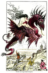 Sukkub: żeński demon (kobieta - samica) jadący na smoku - ilustracja Alberta Robidy do „Uciesznych opowieści“ Honorégo de Balzaca - początek XX wieku