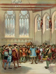 Heraut burgundzki, wysłany przez Karola V (1500-1558), został przyjęty przez Franciszka I (1494-1547) w wielkiej sali Parliamentarom w Paryżu w pierwszej połowie XVI wieku. Ilustracja