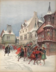 Król ranny podczas pozorowanej bitwy pod domem św. Pola w Romorantin, ilustracja z „Francois Ier: Le Roi Chevalier, George G. Toudouze, wyd. 1909