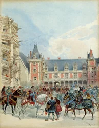 Dwór Franciszka I (1494-1547) na zamku królewskim w Blois, przed 1524 rokiem. Ilustracja