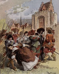 Nieśmiałość kapitana Bellormeau – „Madame de Malicorne wpadła w ramiona sierżanta”. Postać z książki Alberta Robidy. Okładka „Ilustrowany mały Francuz”” z 20.01.2019.