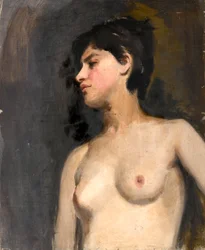 Kobieta półnaga. Czarne tło. Około 1880 roku