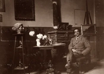 Rzeźbiarz Mario Pelagatti w swojej pracowni, Florencja, 20.11.1920 (zdjęcie czarno-białe)