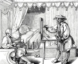 Drzeworyt przedstawiający artystę używającego pomocy rysunkowej w celu uzyskania prawidłowych proporcji portretu. Grawer Albrechta Dürera (1471-1528) niemieckiego malarza, grafika i teoretyka renesansu