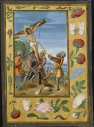 Liść z Księgi Godzin: Podniesienie Krzyża, ok. 1510-1520 (tempera i płynne złoto na welinie)