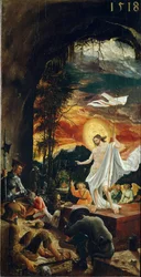 Zmartwychwstanie Chrystusa Trzyma krzyżyk, na końcu którego unosi się biała flaga (standard). Obraz Albrechta Altdorfera (ok. 1480-1538) 1518 wym. 70x37 cm Wiedeńskie Muzeum Historii Sztuki