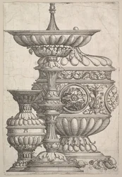 Trzy eleganckie naczynia na białym tle, ca. 1525.