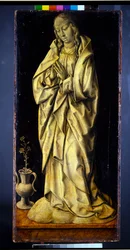 Formerly the wings of a triptych, a pair, Female figures personifying wisdom and generosity, with the annunciation (panel; en grisaille verso)