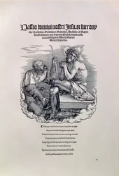 Żołnierz rzymski kpiący z Chrystusa, nad imieniem artysty po łacinie, a poniżej wierszem obwiniającym człowieka za jego grzechy, strona tytułowa serii Wielka Pasja, wyd. 1511